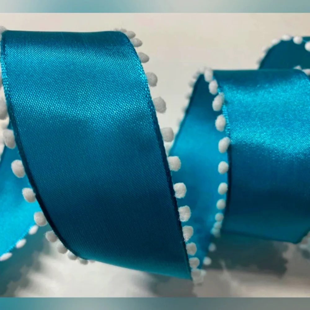 Ribbon Kirkland Wired Satiny Blue Teal Mini Pom Pom Edge 1.5